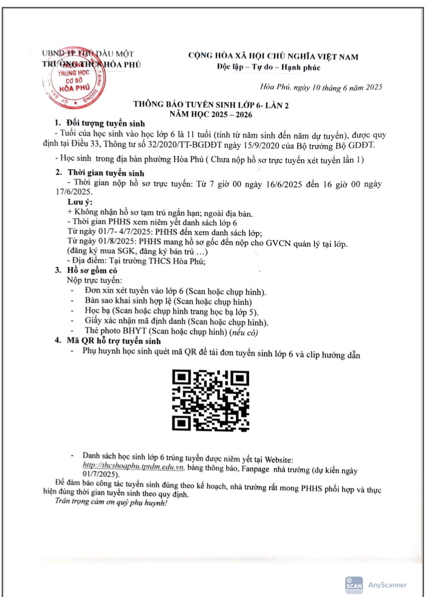 thong bao tuyen sinh lop 6 (lan 2)